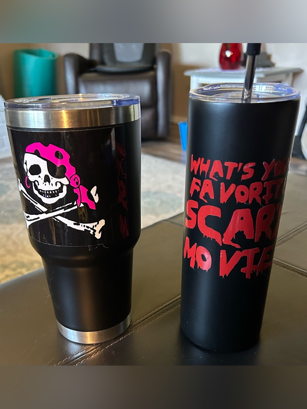 2- Black Stainless Travel Tumblers with Pink Skull Sticker & Red Scary Text